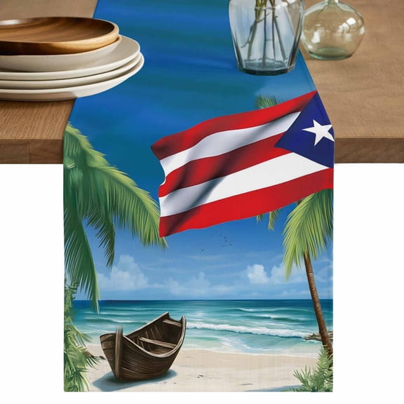Puerto Rico Flag Sea Table Runner 36 Inches, Beach Palm Trees Boat Nautical Bed Runner Dresser Scarves Tabletop for Indoor Outdoor Parties/Ceremony/Banquet, 13"x 36"