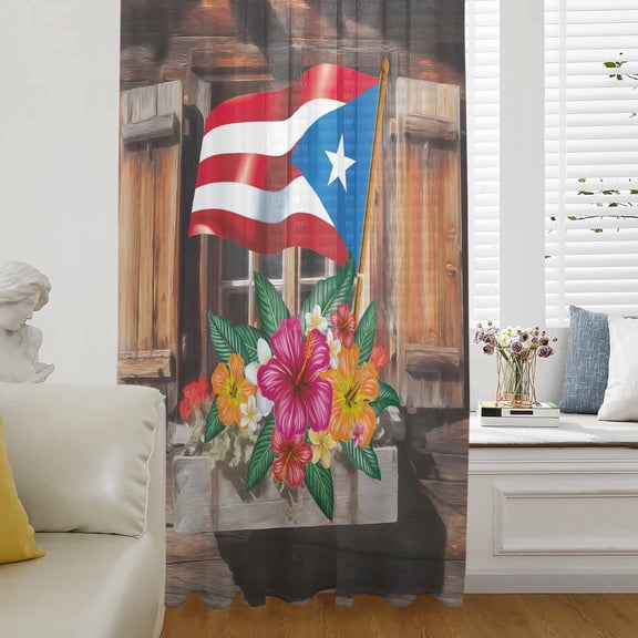 Puerto Rico Flag Semi Sheer Curtains Drapes for Living Room,Bedroom,French Doors Window 54 Inches Long,Farmhouse Retro Flowers American Flags Rod Pocket Chiffon Curtain Drapery Voile Draperies Panel