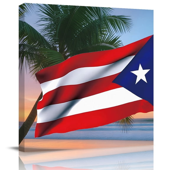 Puerto Rico Flag Star Canvas Artwork Painting Art, Coastal Beach Palm Tree Square Framed Wall Decorations Prints Picture for Bedroom Kitchen Living Room, 8x8 in
