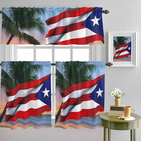 Puerto Rico Flag Star Curtain Tier and Valance Set 3 Piece, Coastal Beach Palm Tree 3-inch Rod Pocket Window Tier Curtains Valance for Kitchen Living Room