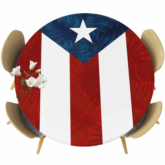 Puerto Rico Flag Table Cloth, Round Fitted Tablecloths with Elastic Edge, Palm Leaf Botanical Red Striped Blue Star Wipeable Waterproof Table Cover for Kitchen Wedding 36-44 Inches