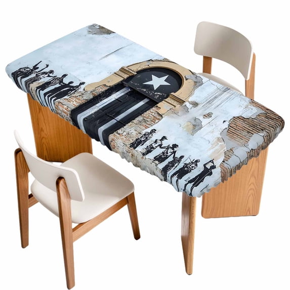 Puerto Rico Flag Table Cloths for 6 Foot Rectangle Tables, Retro Rustic Door Artwork Picture Prints Patio Waterproof Elastic Fitted Tablecloths, Washable Rectangular Table Cover for Camping