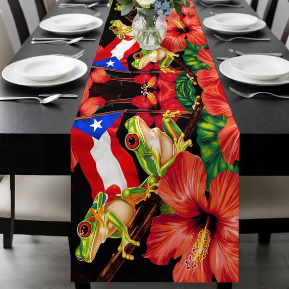 Puerto Rico Flag Table Runner 72 Inches Long, Frog Red Flower Summer Leaf Kitchen Coffee Dining Table Decoration for Home Party Birthday Wedding Home Decor 13x72 Inches