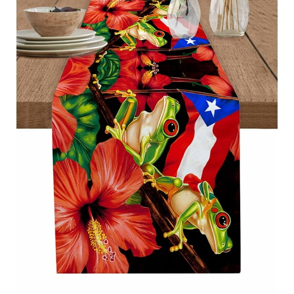 Puerto Rico Flag Table Runner Cotton Linen 120 Inch Holiday Dresser Scarves, Frog Red Flower Summer Leaf Tablerunner for Kitchen Coffee Dining Bedroom Home Living Room Dinner Scarf Décor 13''x120''