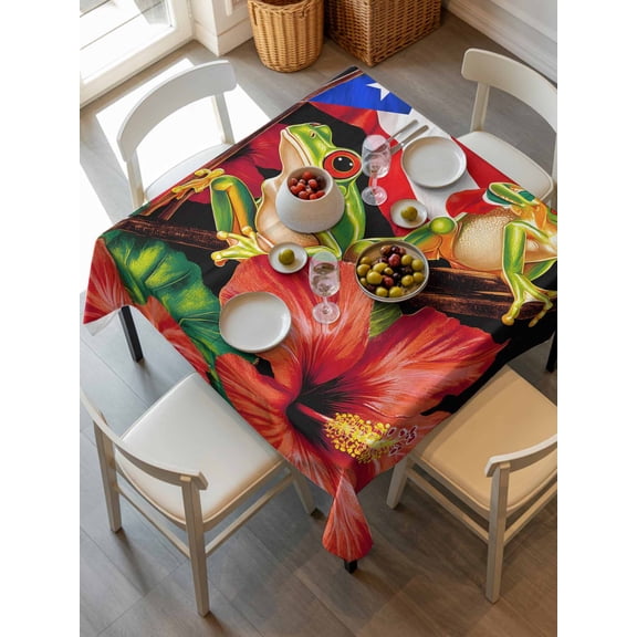 Puerto Rico Flag Tablecloth Square Table Cloth 54x54, Waterproof Outdoor Table Cloth Covers Decorative Table Protector, Frog Red Flower Summer Leaf Washable Table Cover for Kitchen Dinning Party