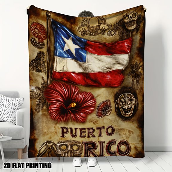 Puerto Rico Flag Throw Blanket - Map & Hibiscus Flannel, Soft All-Season - Cultural Decor Gift with Spanish Colonial Design, Emblems & Lettering