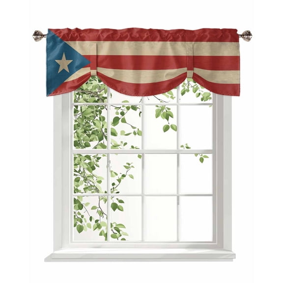 Puerto Rico Flag Tie Up Valances Curtain, Adjustable Kitchen Vintage Stripes Abstract Art Valances for Windows Decor, Rod Pocket Short Curtains Set for Bedroom/Bathroom, 42"x12"