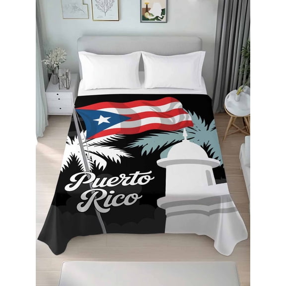 Puerto Rico Flag Twim Size Flat Sheet, Wrinkleproof & Fadeproof Cooling Flat Bed Sheet Only, Modern Art Palm Tree American Flags Breathable Soft Bedding Top Sheets 66 x 96 Inches