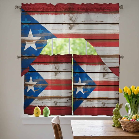 Puerto Rico Flag on Vintage Wood Background Swag Curtains Valance & Tier Set, 3 Pcs Set Kitchen Swag Valances and Tiers 36 Inch Length Rod Pocket Curtain Drapes for Bedroom