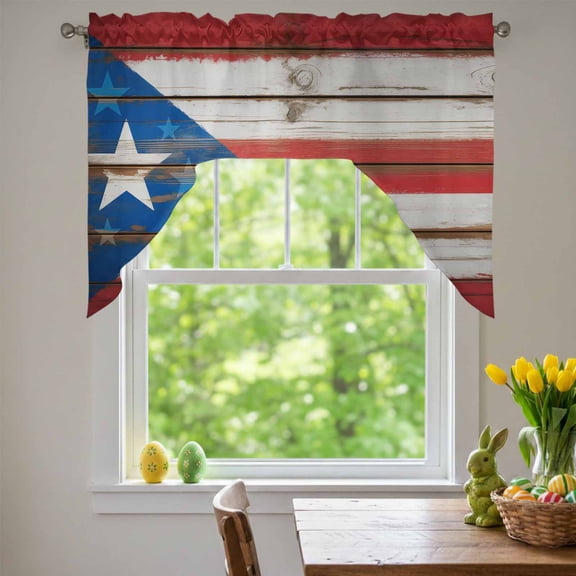 Puerto Rico Flag on Vintage Wood Background Swag Valances for Kitchen Window, Small Swag Valances Rod Pocket Curtain Drapes Window Treatment for Bedroom Bathroom, 56x36 Inch
