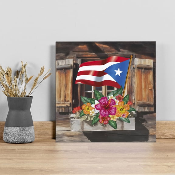 Puerto Rico Flag Wall Art Painting on Canvas, Farmhouse Retro Flowers American Flags Canvas Art Home Prints Wall Art Framed Modern Artwork for Living Room Bedroom Wall Decor 8x8in