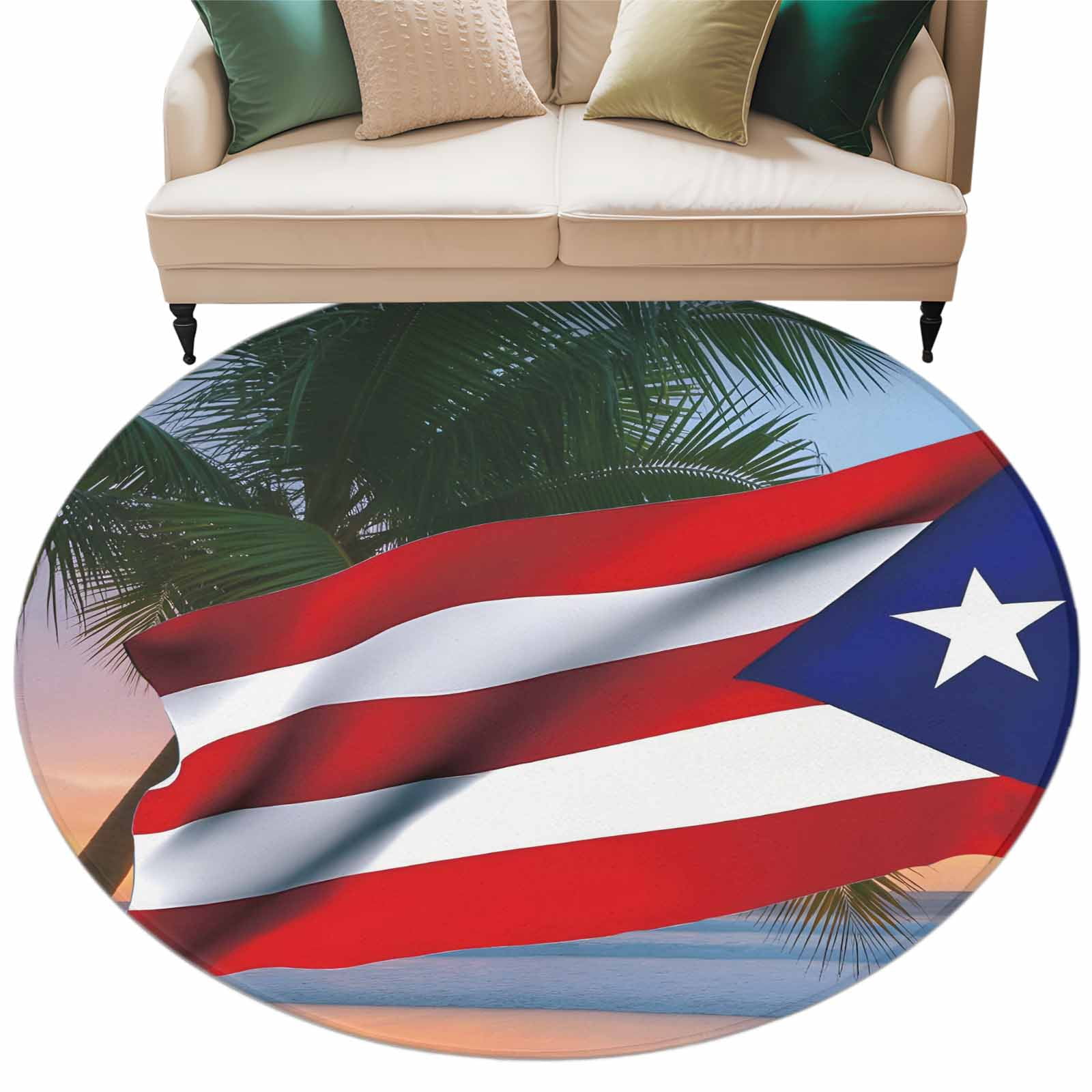 Puerto Rican Rug Designs Puerto Rico Flag Washable Round Area Rug 5 ft, US Vintage Beach Palm ...
