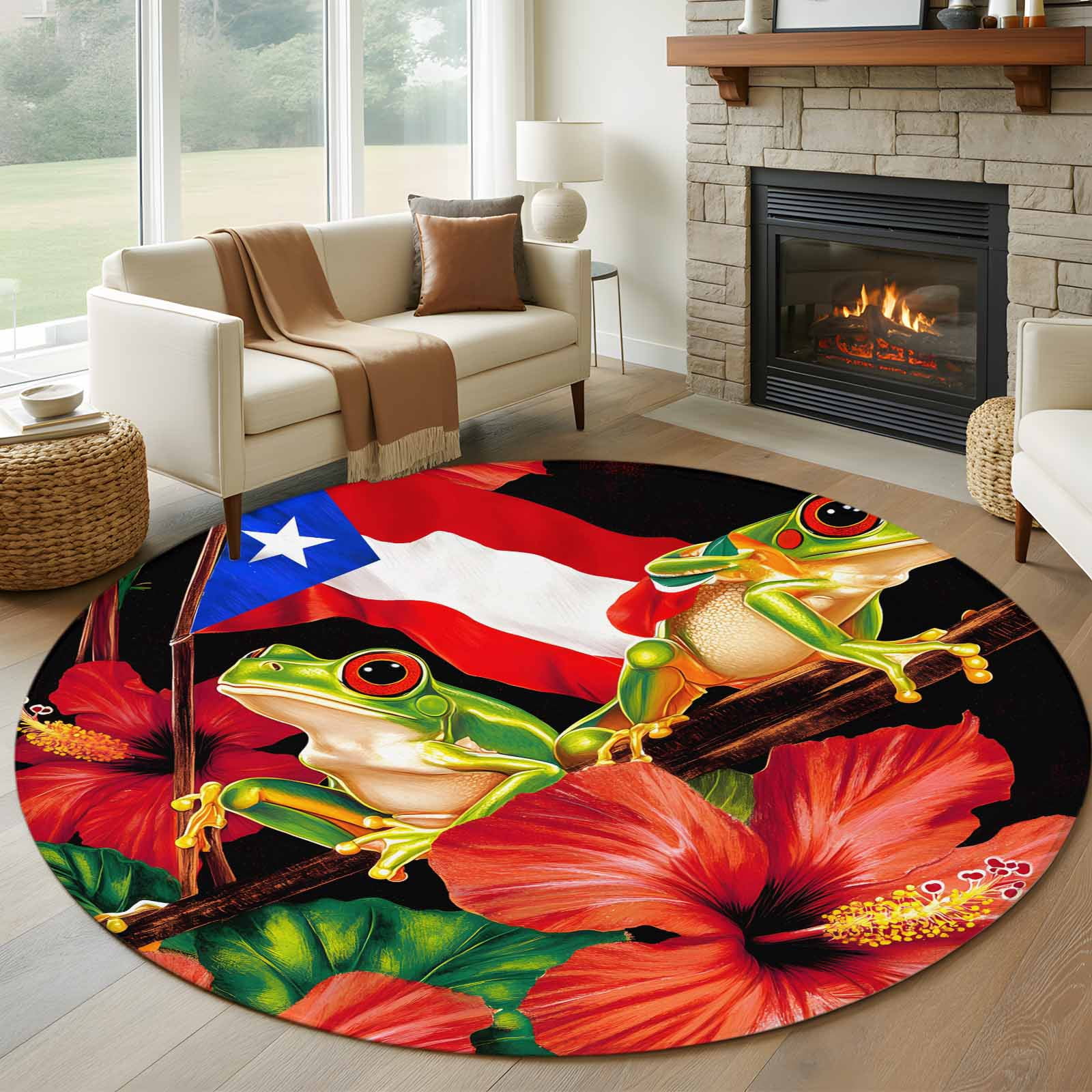 Puerto Rico Rug Puerto Rico Flag Washable Round Area Rug 7 ft, Red Althea Floral Green ...
