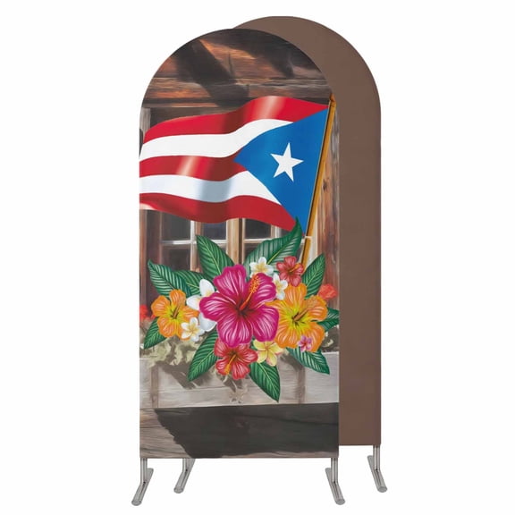 Puerto Rico Flag Wedding Arch Cover,Stretchy Spandex Arch Backdrop Stand Covers 4 FT,Farmhouse Retro Flowers American Flags Round Top Arched Backdrop Cover for Birthday Party Ceremony Baby Shower