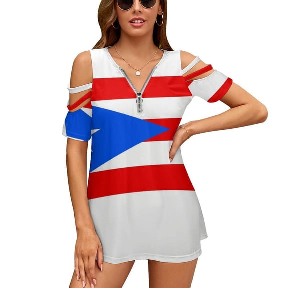 Puerto Rico Flag Womens Summer V Neck Zipper Top Short Sleeve T Shirt Off Shoulder Top Casual Classy Loose Shirts