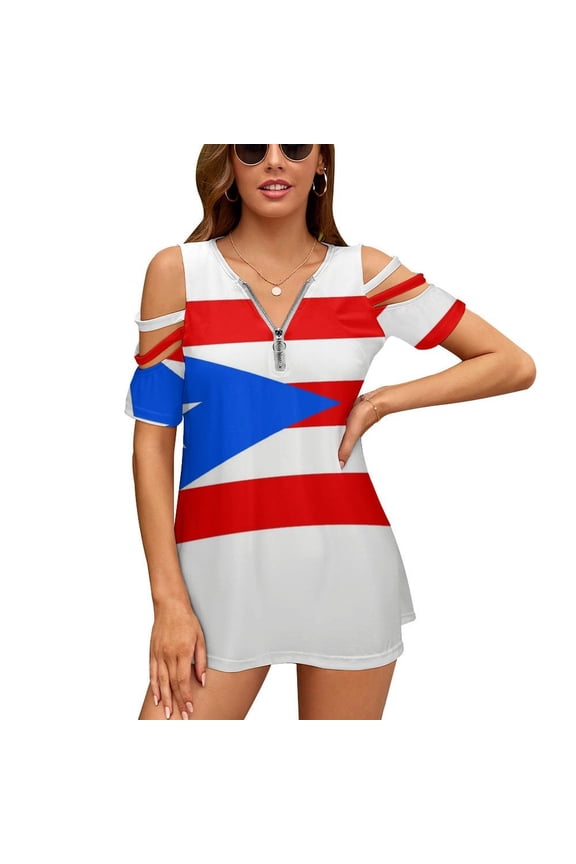 Puerto Rico Flag Womens Summer V Neck Zipper Top Short Sleeve T Shirt Off Shoulder Top Casual Classy Loose Shirts