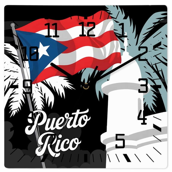 Puerto Rico Flag Wooden Wall Clock Silent Non Ticking, Modern Art Palm Tree American Flags Square Wall Clocks Battery Operated, Decor Clock for Home Office, Living Room, Kitchen, 12 Inch