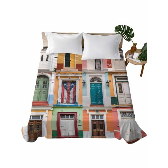 Puerto Rico Flat Sheet Only Twin Size, Soft Breathable Bed Top Sheets for Mattress, Vintage Boho Style Door Gates Luxury Bedding Flat Sheets for Home Hotel Bedroom Bed Protection