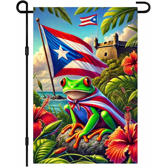 Puerto Rico Frog Garden Flag 12x18 Inch Patriotic Coqui Frog Puerto Rican Flag Tropical Floral Palm Leaves Coastal Sea Scenic Double Sided Small Vertical Yard Flag Seasonal Outdoor Decoration for Out