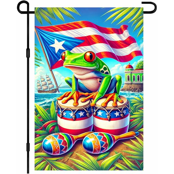 Puerto Rico Frog Garden Flag 12x18 Inch Patriotic Coqui Frog Puerto Rican Flag Tropical Palm Leaves Coastal Ocean Double Sided Small Vertical Yard Flag Seasonal Outdoor Decoration for Outside Home Fr