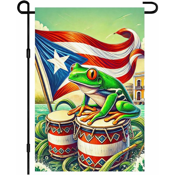 Puerto Rico Frog Garden Flag 12x18 Inch Welcome Puerto Rican Flag with Drum and Frog Outdoor Flag Double Sided Tropical Yard Banner for Porch Lawn Patio