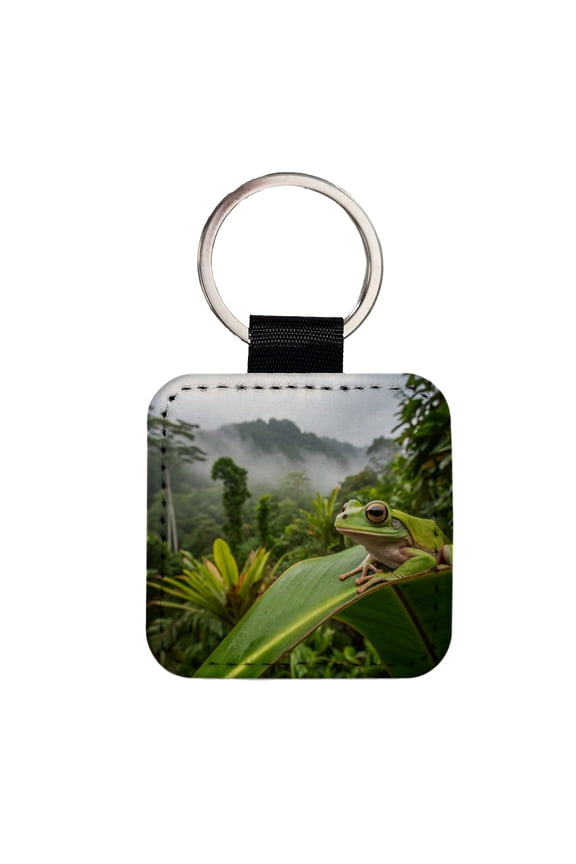Puerto Rico Frog On Leaf Faux Leather Square Keychain
