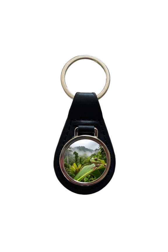 Puerto Rico Frog On Leaf Metal Black Leather Keychain
