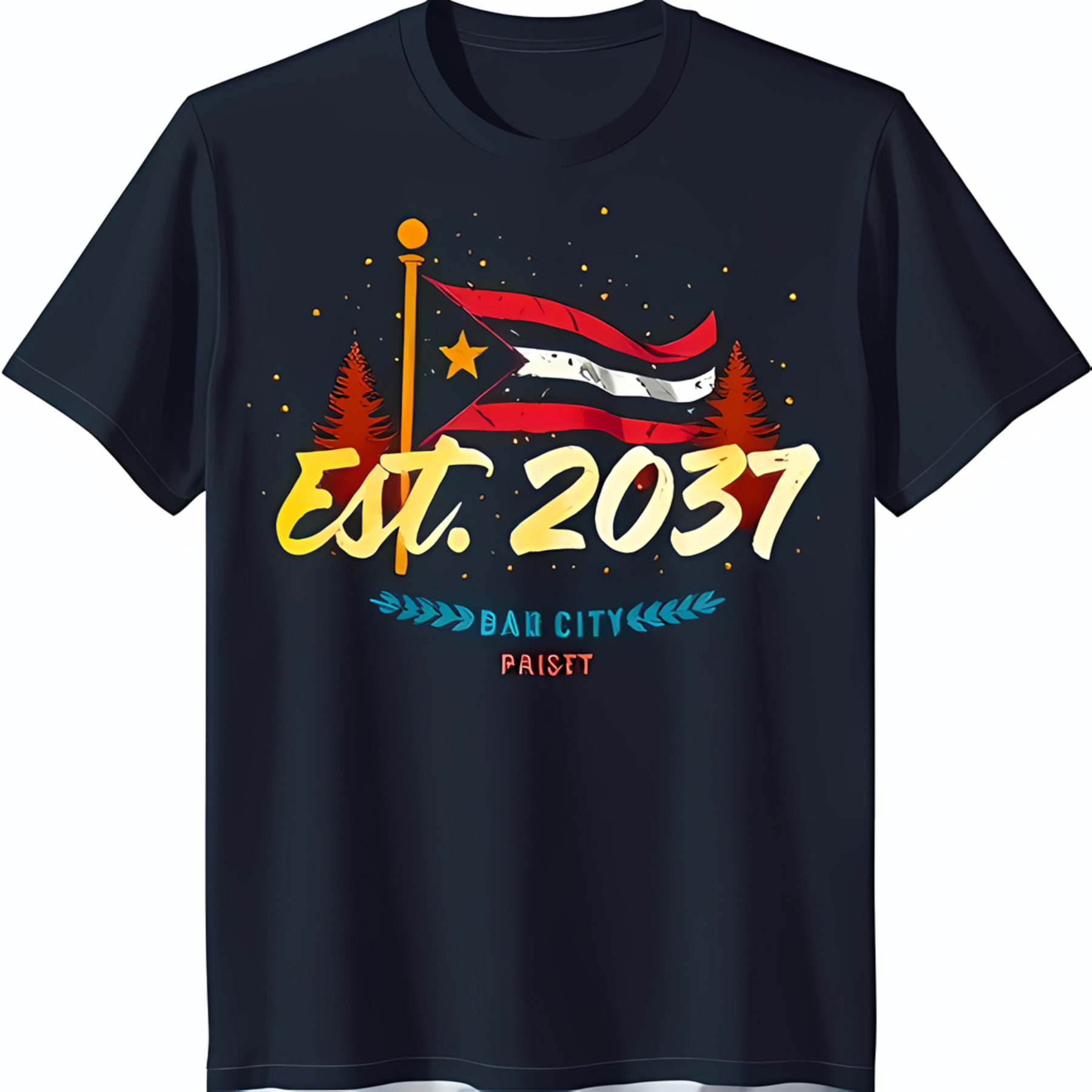 Puerto Rico Graphic Tee with Pine Trees & 'BAD CITY' Design Est 2037