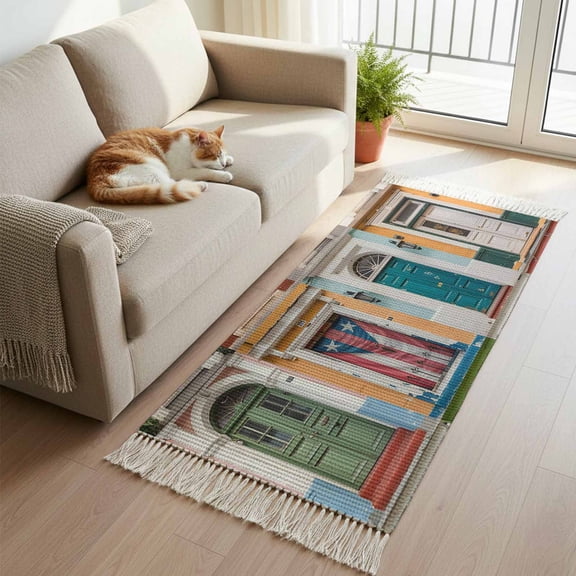 Puerto Rico Hallway Runner Rug 2'x5', Vintage Boho Style Door Gates Washable Kitchen Runner Rug with Tassels, Laundry Room Rugs Woven Cotton Carpet for Bedroom Entryway Front Door
