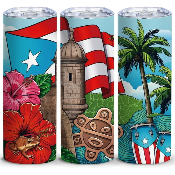 Puerto Rico Insulated Skinny Tumblers Cup Coffee Mug with Lid Boricua 20oz - Reusable Stainless Steel Water Bottle for Hot & Cold Drinks Tea Cup Iced Coffee Travel Mug