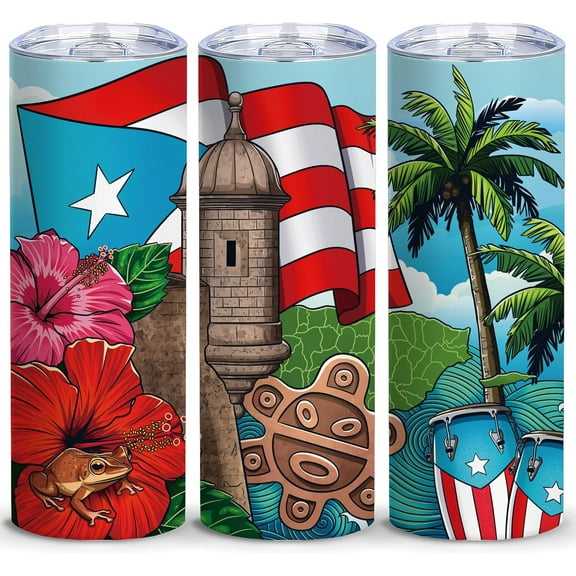Puerto Rico Insulated Skinny Tumblers Cup Coffee Mug with Lid Boricua 20oz - Reusable Stainless Steel Water Bottle for Hot & Cold Drinks Tea Cup Iced Coffee Travel Mug