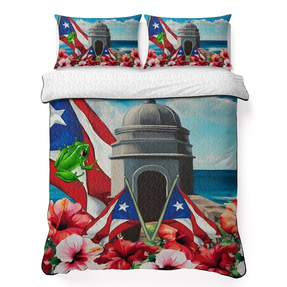 Puerto Rico King Quilt Bedding Set, Flag Frog Star Stripes Architecture Althea Port Lightweight Comforter with 2 Pillow Shams Bedroom Bedspread Set Home Decor for All Seasons