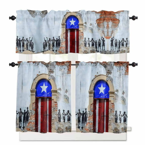 Puerto Rico Kitchen Curtains and Valances Set, Flag Country Rustic Shabby Door Wall Graffiti Rod Pocket Window Valance Window Curtain Panels for Living Room Bedroom Laundry, 27.5x24in, 3 Pieces