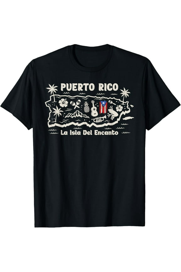 Puerto Rico La Isla del Encanto Puerto Rican Flag Retro T-ShirtMen and women, Black T-shirt, size: Extra large