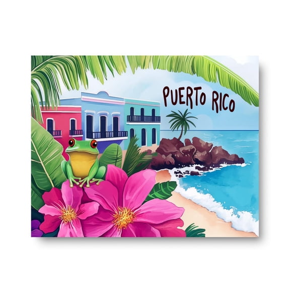 Puerto Rico Landscape Print, Caribbean Coastal Town Wall Art, Tropical Paradise Exotic Seaside Decor, Coqui Frog Island #3449, Unframed Poster Size 8x12