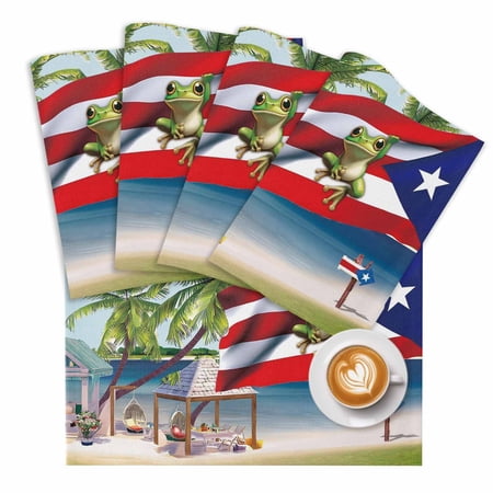 Puerto Rico Placemats Set of 4 Flag Frog Red White Stripes Beach Palm Trees Place Mats Washable Table Mats for Party Kitchen Dining Decoration, 13 X 19 Inch