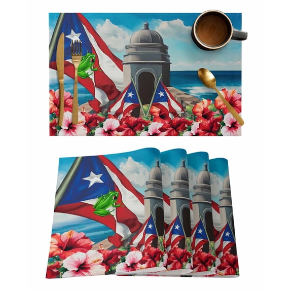 Puerto Rico Placemats Set of 4 Flag Frog Star Stripes Architecture Althea Port Heat Insulation Washable Place Mats, Rustic Non-Slip Table Mats for Dining Table Party Kitchen Decor,13x19 Inch