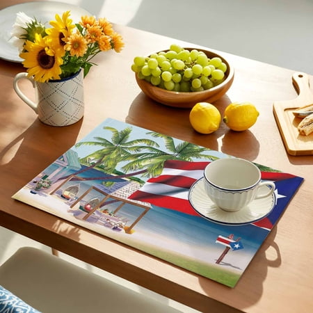 Puerto Rico Placemats Set of 8, Flag Frog Red White Stripes Beach Palm Trees Non-Slip Place Mats Washable Table Mats for Kitchen Dining Table Decorations Indoor/Outdoor