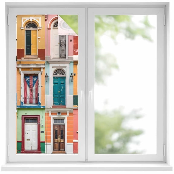 Puerto Rico Privacy Window Film, Decorative Frosted Glass Window Film, Vintage Boho Style Door Gates Reusable Peel and Stick Static Cling for Home Bathroom Office Glass Door 17.7"x39.3"