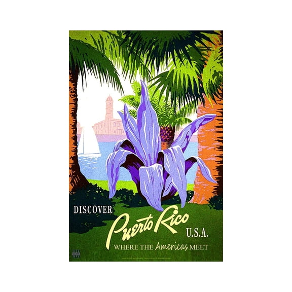 Puerto Rico Retro Travel Poster, Tropical Caribbean Floral Wall Art Print