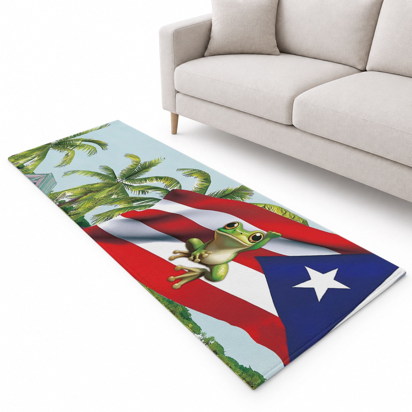 Puerto Rico Runner Rug 2.6'x10', Flag Frog Red White Stripes Beach Palm ...