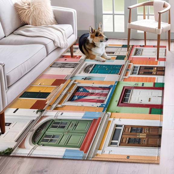 Puerto Rico Runner Rug 2.7x5 FT, Non Slip Entryway Carpet, Vintage Boho Style Door Gates Washable Soft Floor Carpet Entrance Mat Non-Shedding Throw Rug for Hallway Laundry Room Bedside