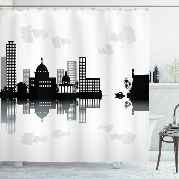 Puerto Rico Shower Curtain, Black and White Silhouette Art Illustration of Puerto Rico Skyline, Fabric Bathroom Set with Hooks, 69W X 70L Inches, Pale Grey Black White, by Ambesonne