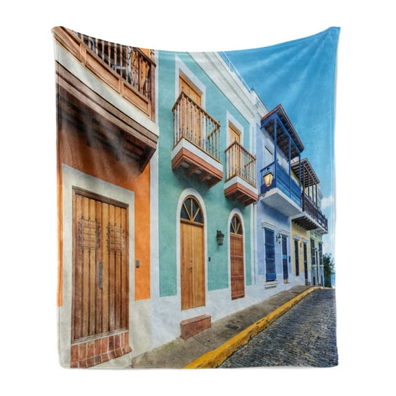 Puerto Rico Soft Flannel Fleece Blanket, Street in Old San Juan with Colorful Houses by the Sea Caribbean Architecture, Cozy Plush for Indoor and Outdoor Use, 60" x 80", Multicolor, by Ambesonne