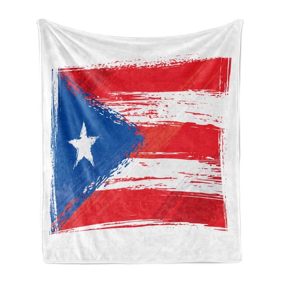 Puerto Rico Soft Flannel Fleece Throw Blanket, Sketch Hand-drawn Style National Country Flag with Grunge Look, Cozy Plush for Indoor and Outdoor Use, 50" x 70", Dark Coral Azure Blue, by Ambesonne