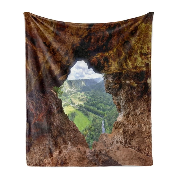 Puerto Rico Soft Flannel Fleece Throw Blanket, View Through the Window Cave in Arecibo Rock Formation Outdoors Nature Theme, Cozy Plush for Indoor and Outdoor Use, 70" x 90", Multicolor, by Ambesonne