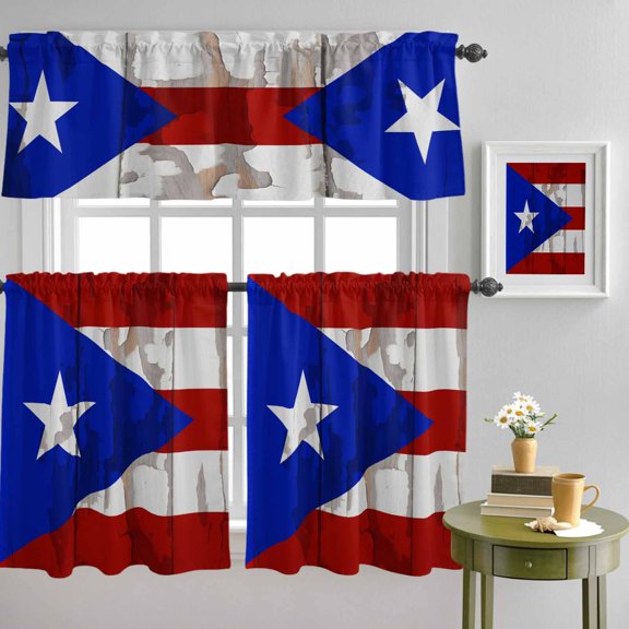 Puerto Rico Stars and Stripes Flag Curtain Tier and Valance Set 3 Piece, Chic Wooden Plank 3-inch Rod Pocket Window Tier Curtains Valance for Kitchen Living Room