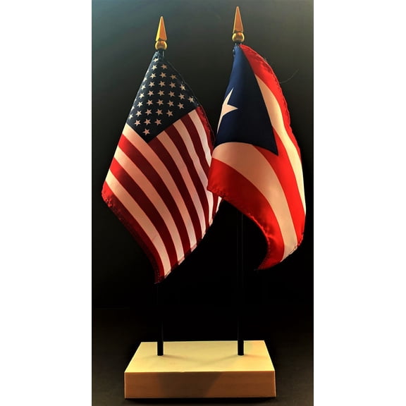 Puerto Rico Table Flag Set; One USA and International Rayon 4x6 inch Flag Plus a White Base