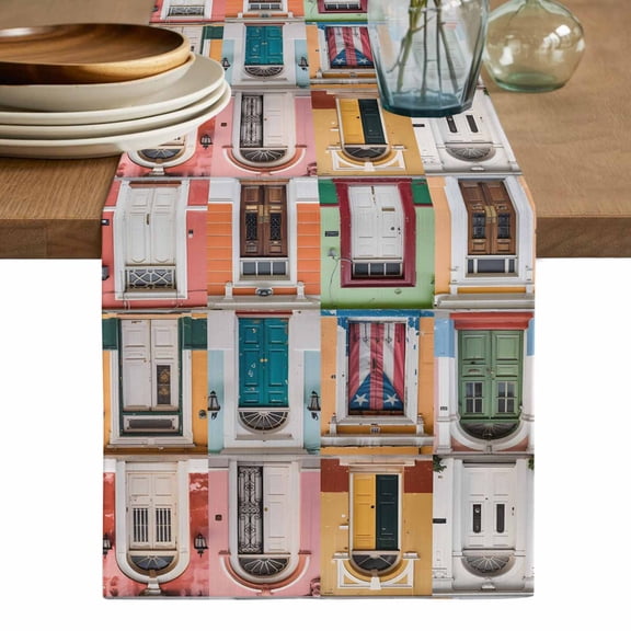 Puerto Rico Table Runner, Vintage Boho Style Door Gates Washable Cotton Linen Table Runners 36 Inches Long, Dresser Scarf Runner for Nightstand/End Tables/Round Tables 13''x36''