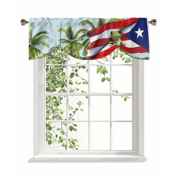 Puerto Rico Tie Up Valances Curtain, Adjustable Kitchen Flag Frog Red White Stripes Beach Palm Trees Valances for Windows Decor, Rod Pocket Short Curtains Set for Bedroom/Bathroom, 54"x18"